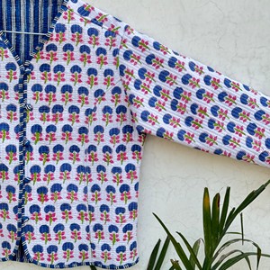 <b>Women</b> Quilted Cotton <b>Jacket</b> Floral Print V Neck Full Sleeve <b>Spring</b> Outerwear Contrast Trim Hand Embroidery - Product Image 3