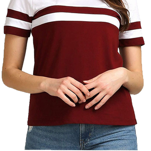 Camiseta de manga corta con cuello redondo y bloques de color blanco y granate para mujer, corte regular, jersey de algodón, top informal. - Product Image 6
