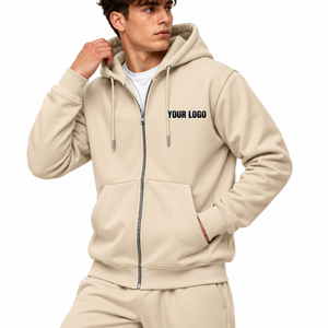 Sudadera con Capucha Beige para Hombre, Color Sólido, 100% Algodón, Felpa Francesa, Corte Regular, Casual, Logotipo Frontal Impreso y Bordado - Product Image 3