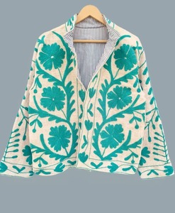 Robe longue kimono pour femme en coton 100% brodée de fleurs bleues, réversible, col en V, ceinturée, peignoir, vêtement d'intérieur, fait main - Product Image 3