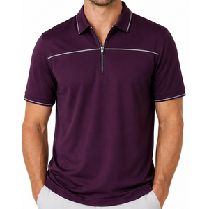 Camisa Polo Clásica Personalizada en Morado con Ribete Gris Claro, Camisa de Cierre de Cremallera para Hombre, Jersey Deportivo de Golf de Secado Rápido - Product Image 1