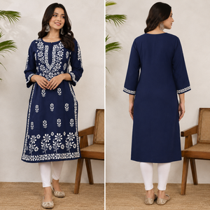 Best Selling <b>Navy</b> Blue Hand Embroidered Georgette Lucknowi Chikankari Straight Kurti - Elegant Ethnic Tunic <b>Top</b> - Product Image 4