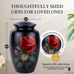 Urna Funeraria de Estilo Europeo con Rosa Negra y Diseño Floral Rojo para Cenizas de Adultos, Ecológica y Personalizable - Product Image 4
