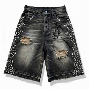 Shorts en jean déchirés taille haute avec strass, style streetwear, pour homme, noir, effet usé, été - Product Image 5