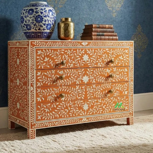 Cómoda de 4 Cajones con Incrustaciones de Hueso Naranja, Cómoda de 4 Cajones con Tallado Floral a Mano en Naranja, Muebles Tradicionales para Dormitorio - Product Image 1