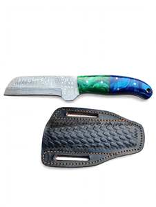 Handcrafted Damascus Steel Utility <b>Tool</b> Dual Tone Green Blue Resin Handle Horizontal <b>Leather</b> Sheath - Product Image 5