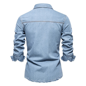 เสื้อเชิ้ตเดนิมสีเข้มแขนยาวสำหรับผู้ชาย สไตล์ลำลอง มีกระเป๋าหน้าอกสองช่อง ปกคอเสื้อพับได้ แขนยาว ผ้าฝ้ายทวิลล์ซักแล้ว ป้องกันรอยยับ - Product Image 4