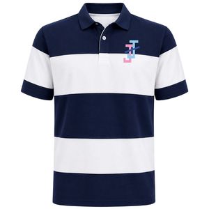 Navy Blue <b>White</b> Striped <b>Polo</b> Shirt Short Sleeve Color Block with JJ Logo Embroidery for <b>Men</b> Casual Golf Uniform Top Golf Wear - Product Image 1