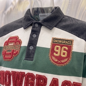 Snowgrace Striped Rugby Shirt Short Sleeve Turn-down Collar Relaxed Fit Boys Spring Summer Breathable Embroidered Logo - Product Image 6