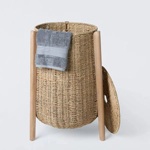 Panier à linge en jonc de mer et bois tressé, panier de rangement naturel fait main, vente en gros, écologique, fabriqué au Vietnam - Product Image 1