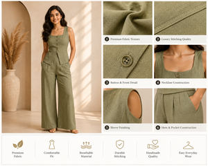 Conjunto de 2 Piezas de Lino Verde Salvia Premium: Chaleco Casual con Cuello Cuadrado y Pantalones de Pierna Ancha de Cintura Alta - Product Image 5