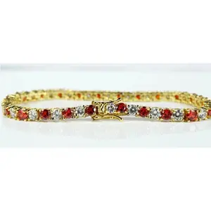 Pulsera de Moissanita Estilo Tenis, Plata de Ley 925, Bañada en Oro Amarillo, con Diamantes Redondos Rojos y Blancos, Joyería de Lujo para Mujer - Product Image 1