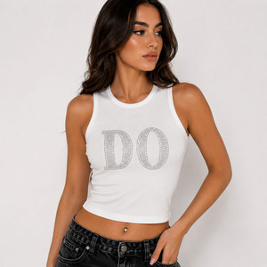 Wholesale White Ribbed Rhinestone Graphic Tank <b>Top</b> Slim Fit Sleeveless Streetwear Casual Fashion Women's Shirts OEM Production - Product Image 1