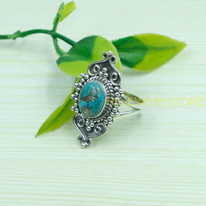 แหวนพลอยเทอร์ควอยซ์สีน้ำเงินทองแดง แหวนเงินแท้ 925 แหวนสไตล์โบโฮทำมือ แหวนสัญญา แหวนเครื่องประดับเทอร์ควอยซ์สุดพิเศษ ของขวัญ - Product Image 4