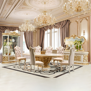 Juego de Comedor de Lujo en Color Marfil Dorado con Vitrina, Mesa de Comedor Ovalada Antigua, Silla Tapizada con Respaldo Alto, Muebles de Estilo Mansion - Product Image 4