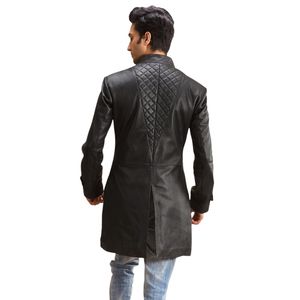 Men's Genuine <b>Leather</b> Knee Length Overcoat Slim Fit Stand Collar Zipper Quilted Jacket <b>Coat</b> - Product Image 4