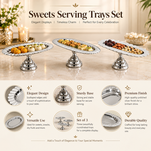 Silver Modern 3-Piece Sweets Serving Tray Set Pedestal Stands for Diwali Desserts Snacks Dry Fruits-Elegant <b>Buffet</b> <b>Table</b> - Product Image 5