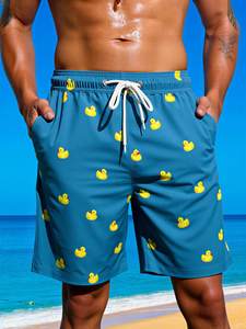 Bañador azul con estampado de pato de dibujos animados para hombre, con cordón en la cintura y bolsillos, pantalones cortos de playa de secado rápido - Product Image 6