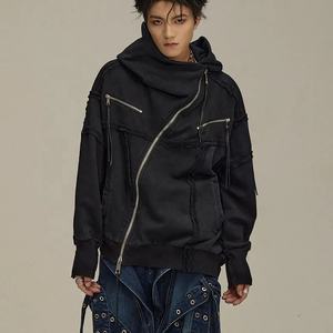 Sweats à capuche irréguliers pour hommes Patchwork Sweats à capuche à fermeture éclair diagonale Veste Burrs Distressed Zipper Coat Homme - Product Image 3