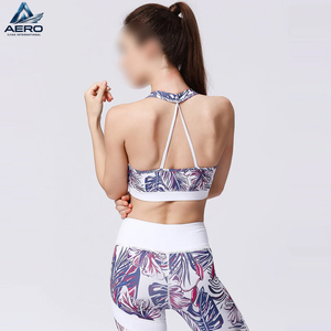 New Trendy High Elasticity Moisture-Wicking Activewear Elegant Blue & Violet <b>Leaf</b> Pattern Breathable Training Fitness Bra - Product Image 5