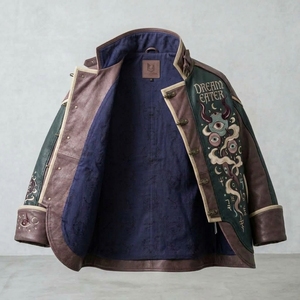 Veste en cuir pour homme de style japonais, col mandarin, design brodé Dream Eater, vêtements d'automne - Product Image 5