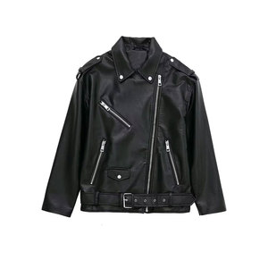 Chaqueta de Motociclista Afernon para Mujer, de Cuero Genuino, Impermeable, con Cierre de Cremallera, Cuello Alto, Color Sólido, para Primavera - Product Image 1