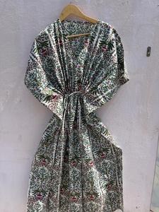 Women's Floral Print 100% Cotton Maxi <b>Kaftan</b> Dress V Neck Batwing Sleeves Drawstring Eco-Friendly Breathable Handmade <b>Beach</b> - Product Image 2