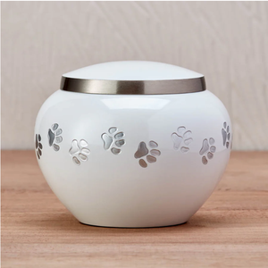Mini Metal Pet <b>Urn</b> Round White with Paw Print Design Handmade Keepsake for Dog <b>Cat</b> Memorial Gift funeral ashes <b>urn</b> - Product Image 1
