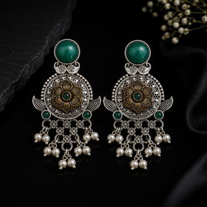 Oxidized Silver Bezel Setting Floral Ethnic Drop Earrings Boho Women's Party Jewelry - Product Image 4