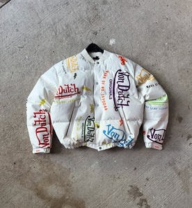 Custom Mens High Quality All Over Print <b>Puffer</b> <b>Jacket</b> Wholesale <b>White</b> Multi Logo Print Bubble Coat - Product Image 1