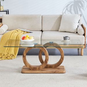 Tavolino da Caffè Moderno con Piano in Vetro e Base in Legno Naturale in MDF per Soggiorni e Zone Relax - Product Image 3