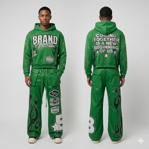 Conjunto de Sudadera con Capucha Corta y Pantalones de Chándal de Algodón Grueso Personalizado, Estilo Urbano Vintage con Lavado Ácido y Efecto Desgastado - Product Image 4