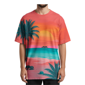 Camiseta Sublimada con Diseño Tropical Atardecer para Hombre, Prenda de Moda Oversize con Gráficos Vibrantes - Product Image 1