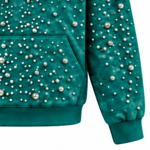 Sudadera con Capucha Unisex Oversize de Color Verde Azulado con Cuentas de Perlas, Estilo Casual Urbano, con Bolsillo Canguro, Ropa de Moda Personalizada - Product Image 5