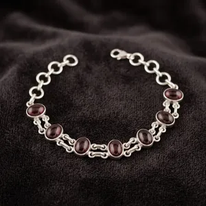 925 Silver Garnet <b>Chain</b> Bracelet Classic Design Women's Everyday Wear Jewelry Oval Stones - Product Image 2