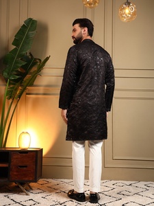 <b>Men</b> Black Glitter Silk <b>Kurta</b> Pajama Set Regular Fit Traditional Indian Pakistani Knee-Length Wrinkle Free Wedding Wear - Product Image 5