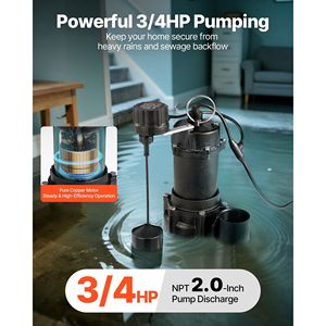 Bomba sumergible para aguas residuales/efluentes de 3/4 HP y 6000 GPH, de hierro fundido, con interruptor de flotador automático con cable y salida NPT de 2 pulgadas - Product Image 2