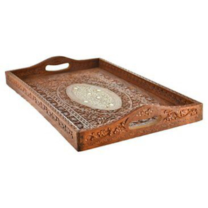 Plateau de service artisanal en bois de Sheesham avec poignées, plateau alimentaire marocain en bois sculpté à la main avec incrustation en laiton, fournisseur d'articles de cuisine - Product Image 2