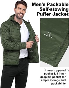 Veste matelassée à capuche pour homme, vert olive, coupe-vent, fermeture éclair, décontractée, hiver, rembourrage en polyester, coupe régulière - Product Image 5