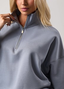 Nouvel arrivage : Sweat-shirts pour femme en molleton de coton, coupe oversize, épaules tombantes, manches longues, fermeture éclair 1/4, bas côtelé, avec badge, pour l'hiver et le quotidien - Product Image 4