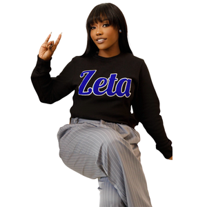 Sudadera Negra de Chenilla Zeta Phi Beta para Mujer, Sudadera Casual con Letras Griegas Bordadas de la Hermandad Zeta - Product Image 1