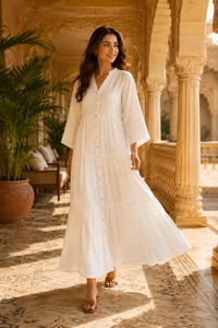 Elegante Vestido Maxi Blanco con Botones Delanteros y Volantes para Mujer, Vestido de Verano con Cuello en V y Manga Acampanada, Vestido Holgado de Playa, Vestido de Algodón al por Mayor - Product Image 6