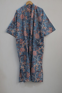 Women's Green Animal <b>Print</b> Knee Length Long Sleeve Casual Wear Drawstring Closure Cotton Block <b>Printed</b> Kimono Style V-neck - Product Image 3