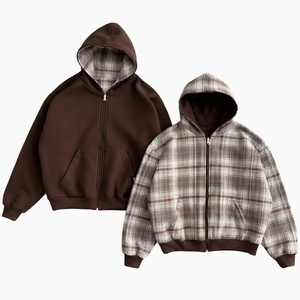 Unisex Plaid <b>Zip</b> Up <b>Hoodie</b> Reversible Brown Solid Color Long Sleeve <b>Pocket</b> Sweatshirt Casual Autumn Top - Product Image 1