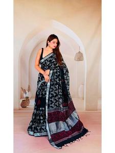 Sari en lin imprimé à la main avec chemisier, teinture naturelle, sari indien fait main, textile pur artisanal, tenue ethnique traditionnelle - Product Image 1