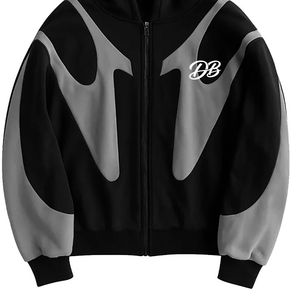 Sweat à capuche zippé Y2K avec logo brodé personnalisé |   Sweat à capuche zippé intégral streetwear noir et gris épais pour homme - Product Image 3