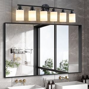 Modern 6-<b>Light</b> 39\" <b>Vanity</b> Bathroom <b>Mirror</b> Frosted White Glass with Black Iron Frame Contemporary Wall Sconce for Bedroom - Product Image 1