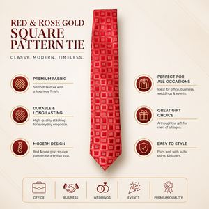 Corbata con patrón cuadrado en rojo y oro rosa |   Corbata de Diseño Premium para Hombre, para Oficina, Negocios, Bodas y Eventos |   Corbata de Moda Moderna - Product Image 5