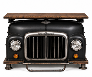 Chariot de bar roulant de style rétro automobile industriel avec comptoir de rangement en bois et porte-bouteilles pour restaurant - Product Image 1