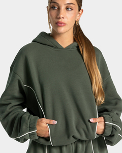 Sweat-shirt à capuche oversize vert foncé pour femme avec lignes contrastées – Pull en molleton de coton premium, style streetwear décontracté, vente en gros - Product Image 3